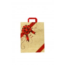 Bolsa de papel con asa plana beige estampado lazo rojo 32x13x41cm