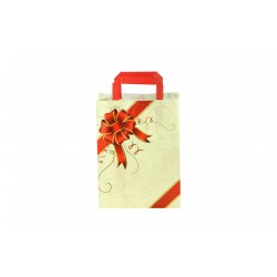 Bolsa de papel con asa plana beige estampado lazo rojo 29x22x10cm