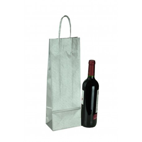 Bolsa de papel con asa rizada para botellas color plata 36x13+8.5cm
