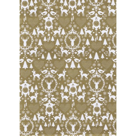 Papel para regalo estampado renos / abetos blancos fondo dorado 62cm