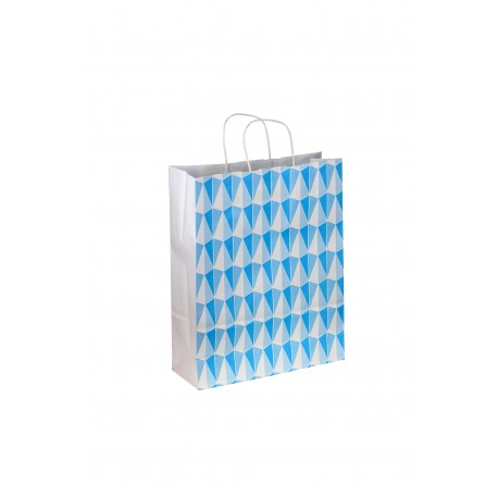 Bolsa de papel asa rizada azul estampado triángulos 40x32x12cm