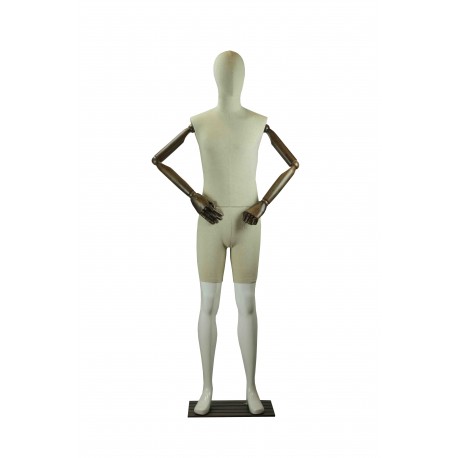 Maniquí de hombre blanco brillo y tela con brazos articulables