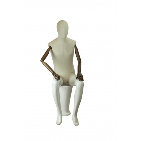 Maniquí de hombre fibra vídrio y tela blanco brillo sentado con brazos articulados